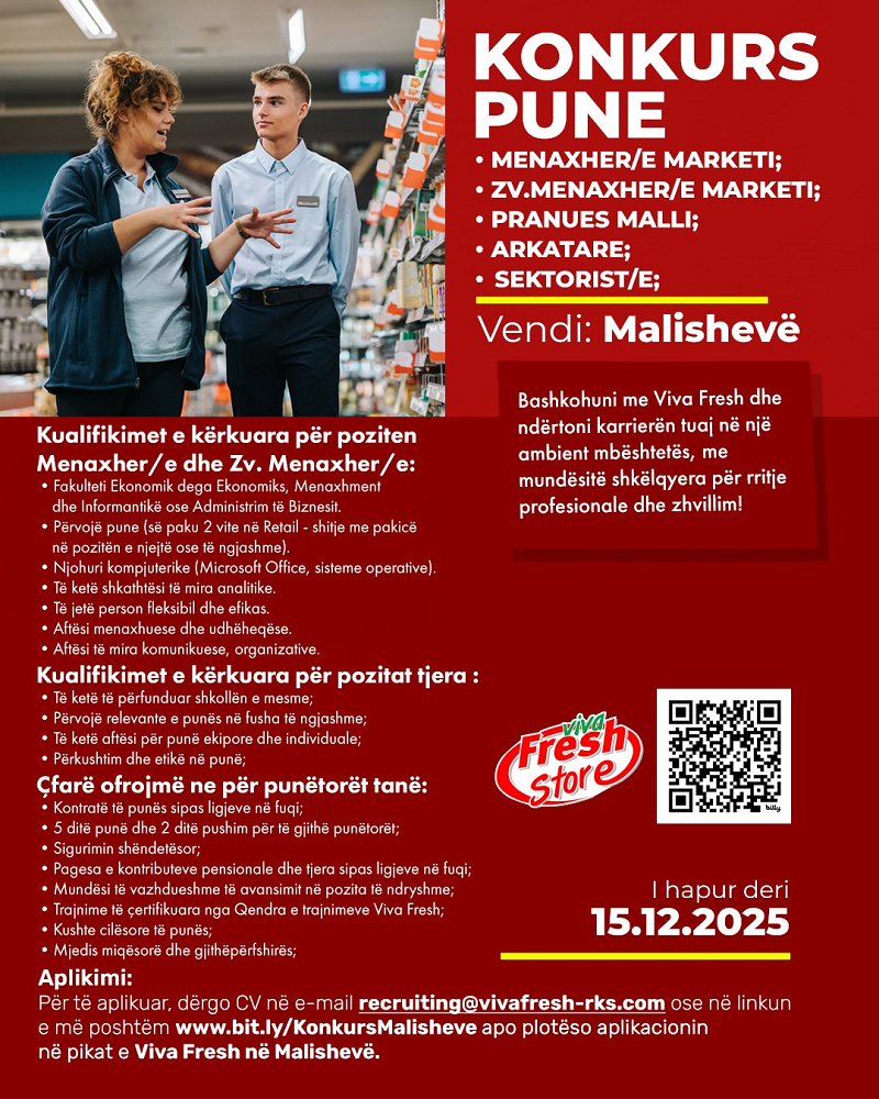 Menaxher/e Marketi, Zv.Menaxher/e Marketi, Pranues Malli, Arkatare, Sektorist/e - Malishevë
